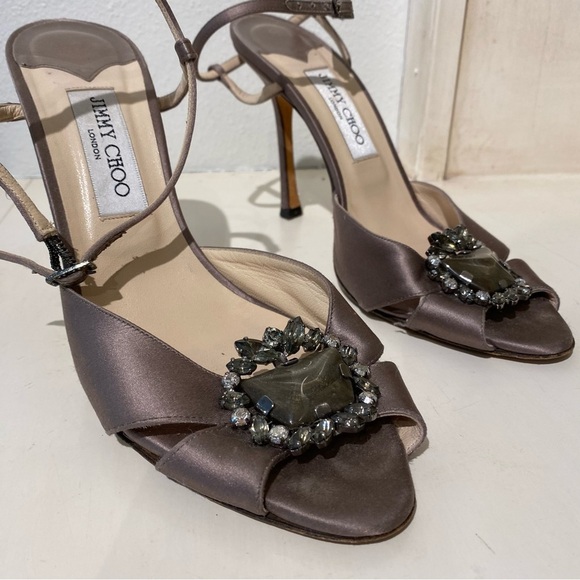 Jimmy Choo Satin Gemstone Open Toe Heels Pewter Champagne size 10, heel 4 1/2 - Picture 6 of 16